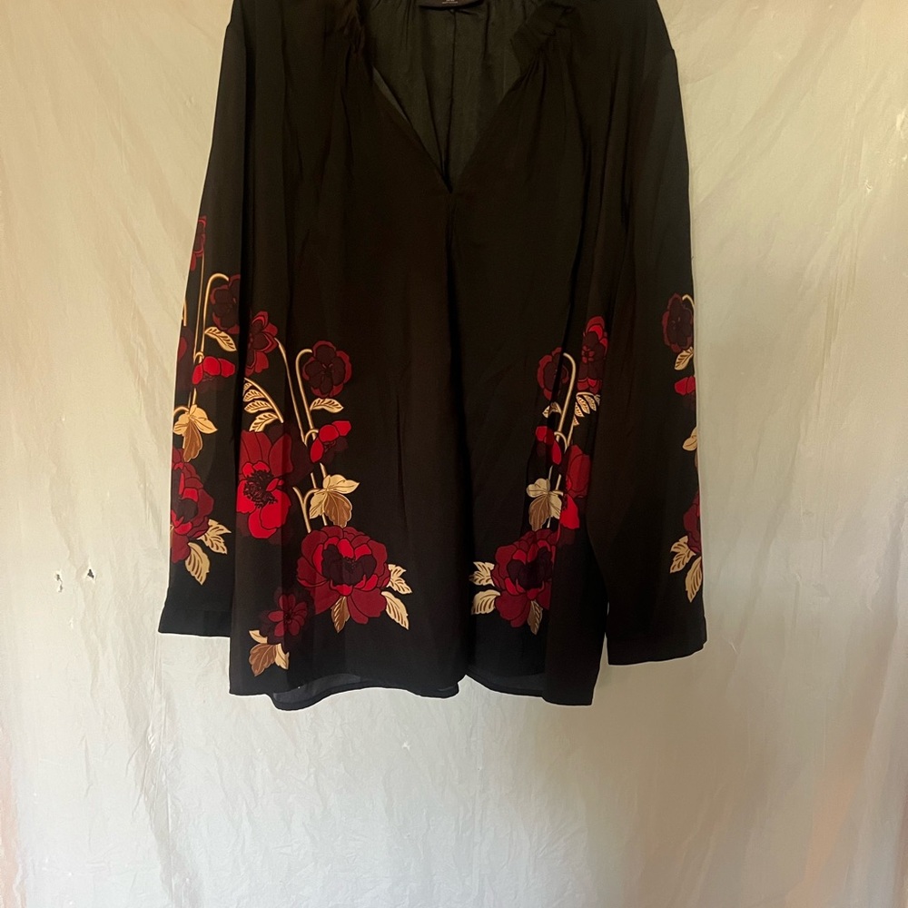 Lane Bryant Black Blouse with Red Floral Embroidery size 18/20 v neck